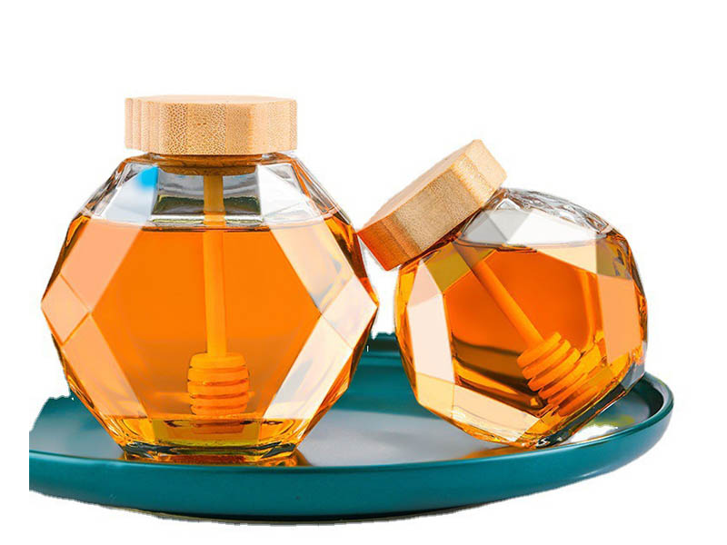 Hexagonal glass jars and bottles in stock