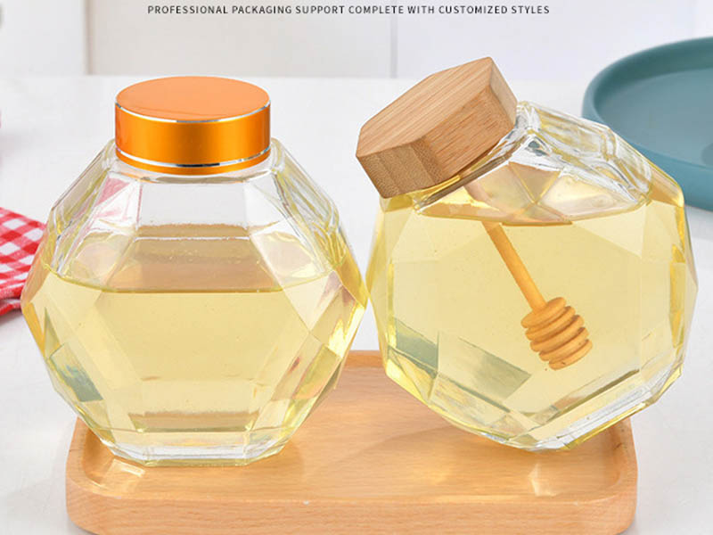 Hexagonal glass jars and bottles in stock